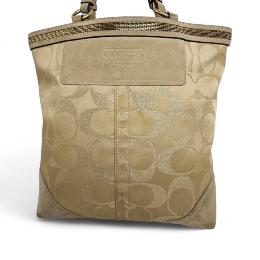 Coach Signature F06J-10390 Beaded Tote Bag In Canvas And Suede In Gold And Tan - Picture 7 of 15